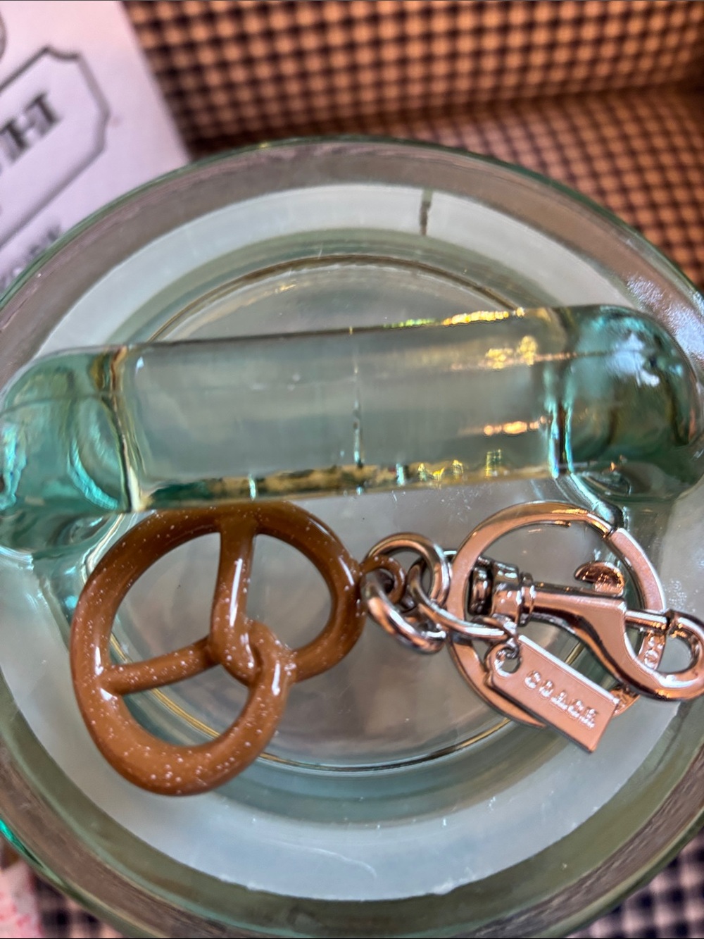 Coach Brown Pretzel Charm Keyring with Silver Hardware